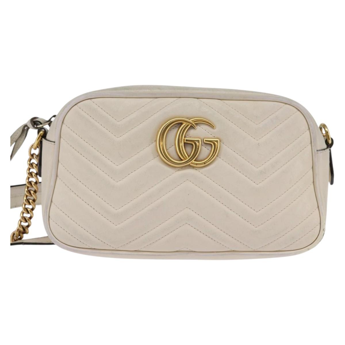 GUCCI GG Marmont Shoulder Bag Leather White Gold 447632 Auth bs29614
