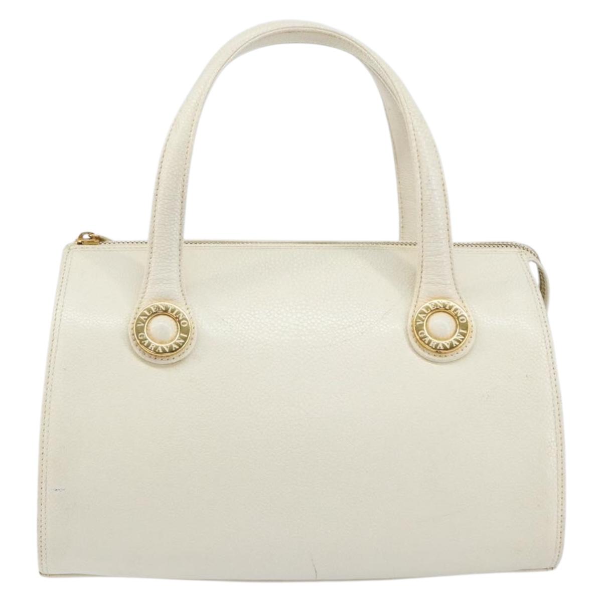 VALENTINO Hand Bag Leather White Gold Auth bs29636