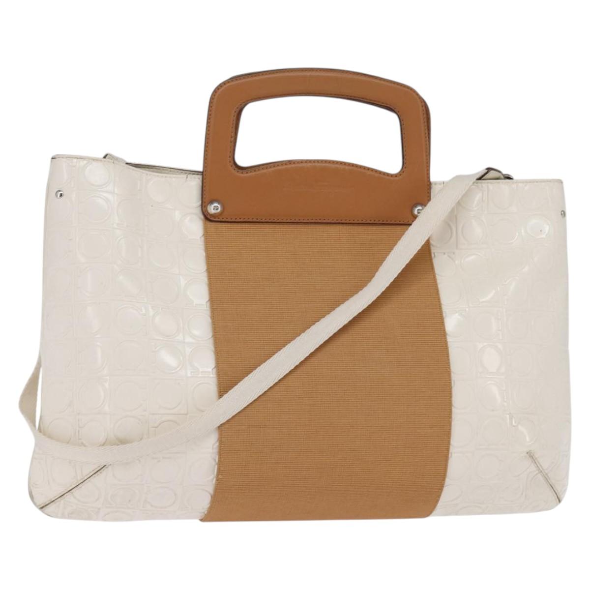 Salvatore Ferragamo Gancini Hand Bag Patent leather 2way White Gold Auth bs29662