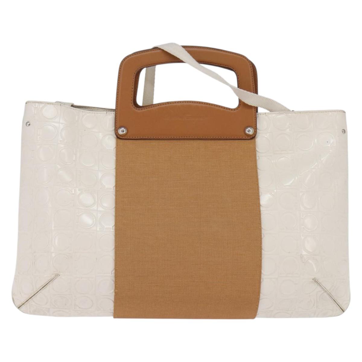 Salvatore Ferragamo Gancini Hand Bag Patent leather 2way White Gold Auth bs29662