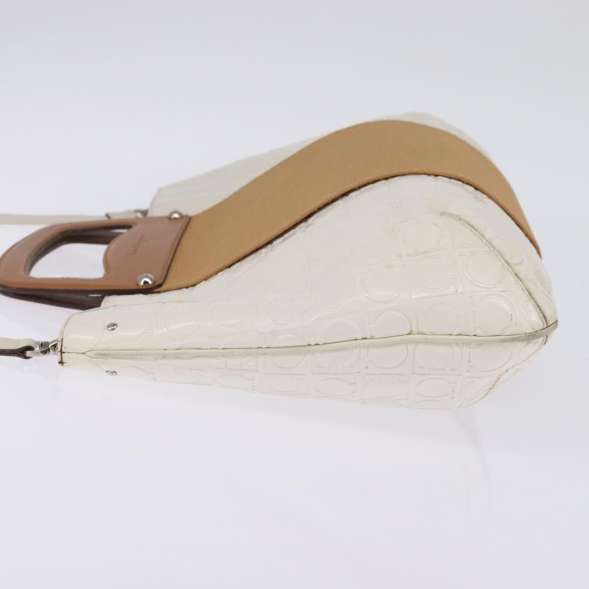 Salvatore Ferragamo Gancini Hand Bag Patent leather 2way White Gold Auth bs29662