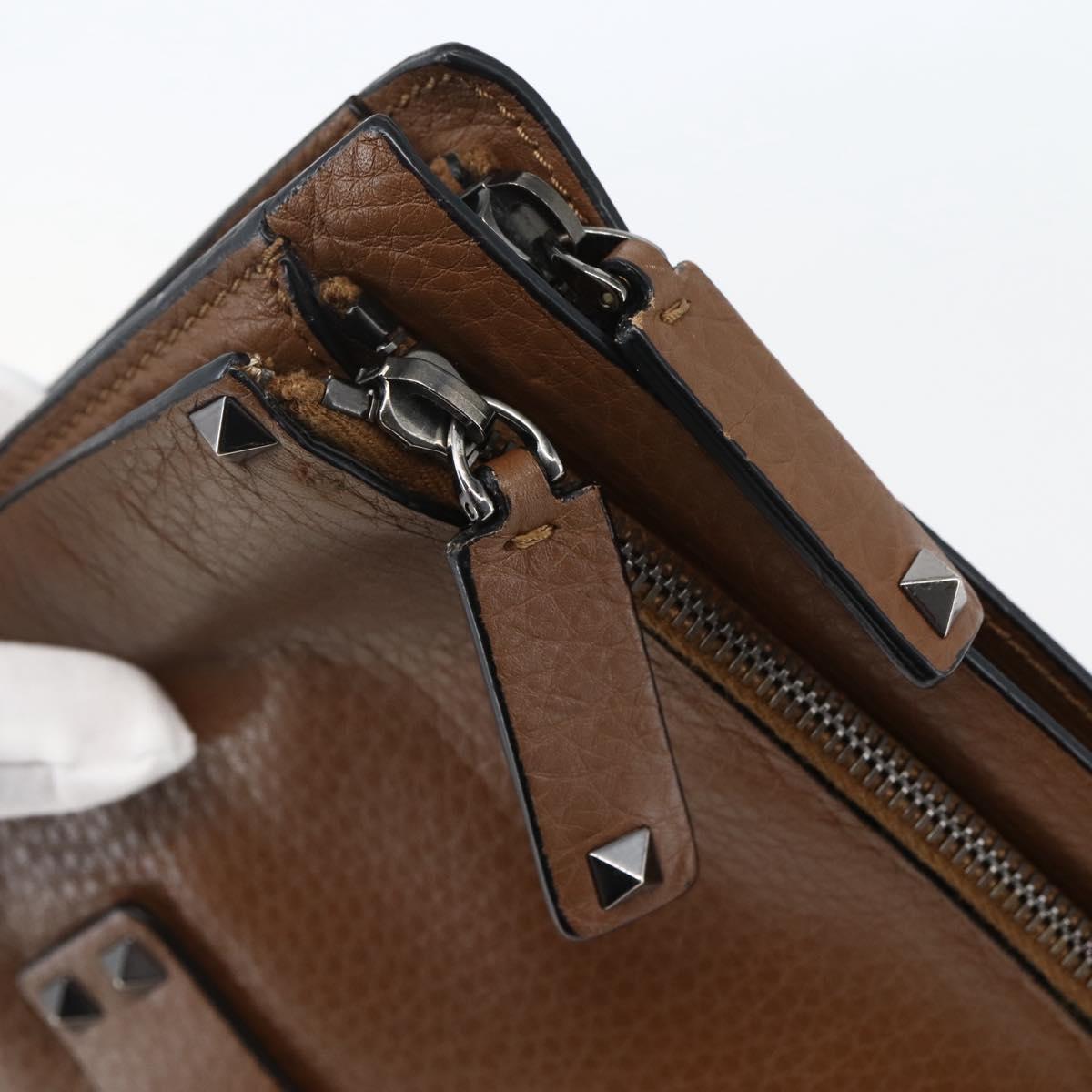 VALENTINO Clutch Bag Leather Brown Silver Auth bs29681