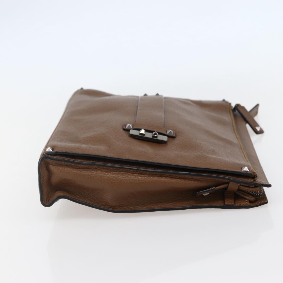 VALENTINO Clutch Bag Leather Brown Silver Auth bs29681