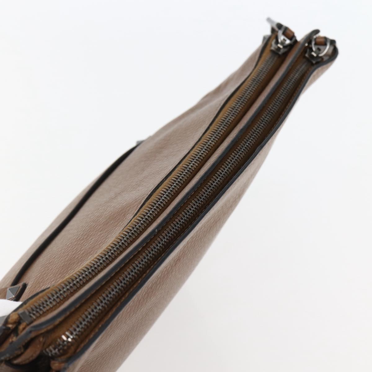 VALENTINO Clutch Bag Leather Brown Silver Auth bs29681