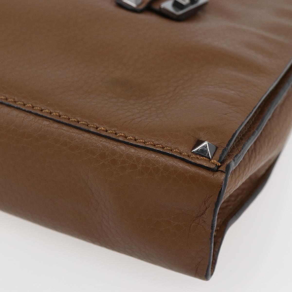 VALENTINO Clutch Bag Leather Brown Silver Auth bs29681