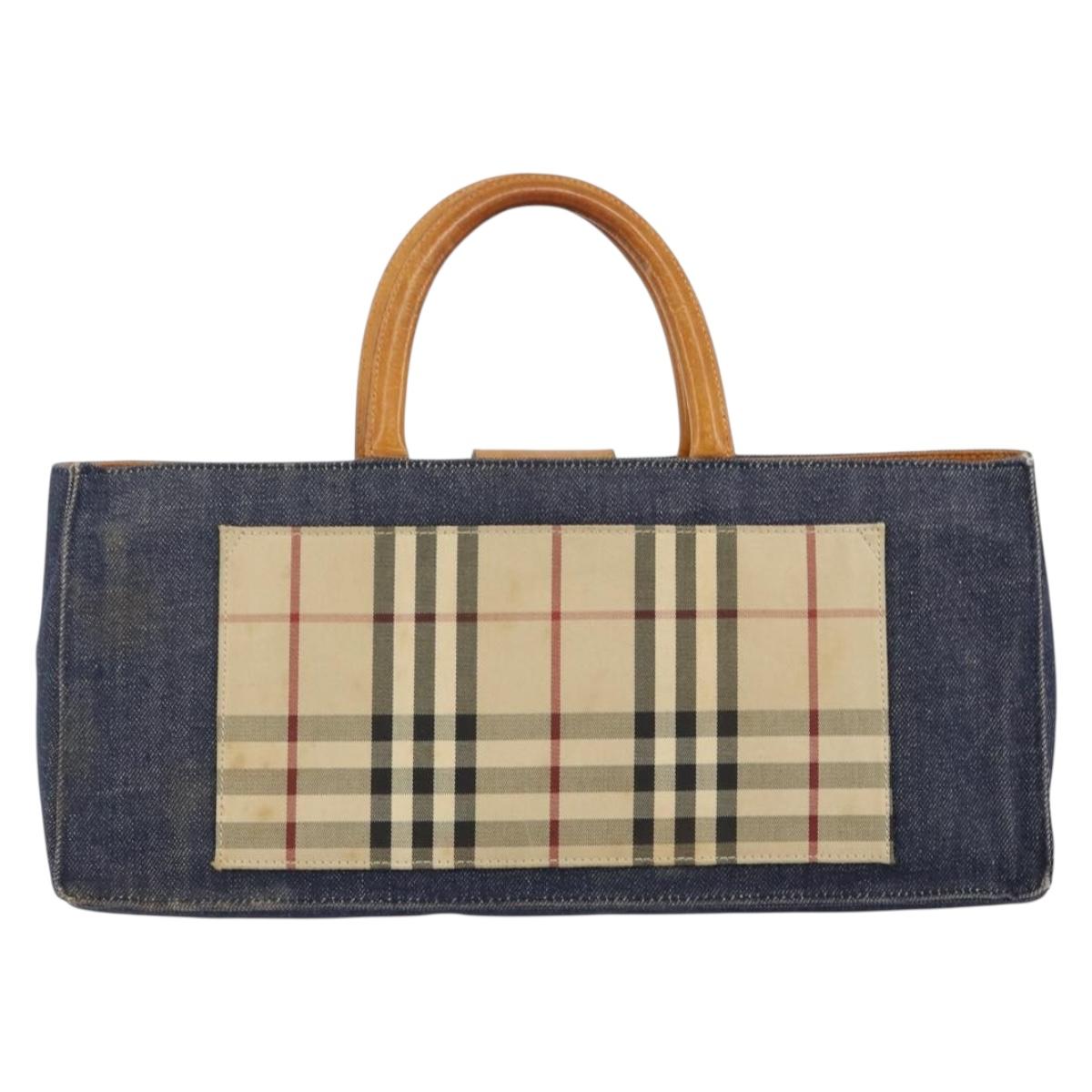 BURBERRY Nova Check Hand Bag Denim Blue Silver Auth bs29697
