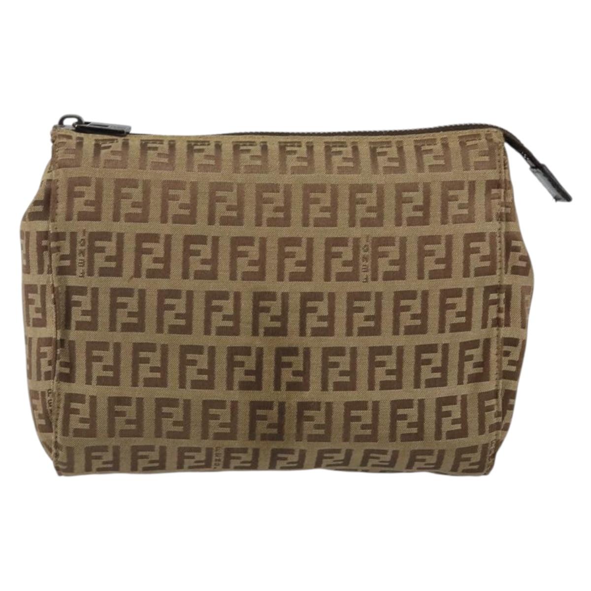 FENDI Zucchino Canvas Pouch Beige Silver Auth bs29698