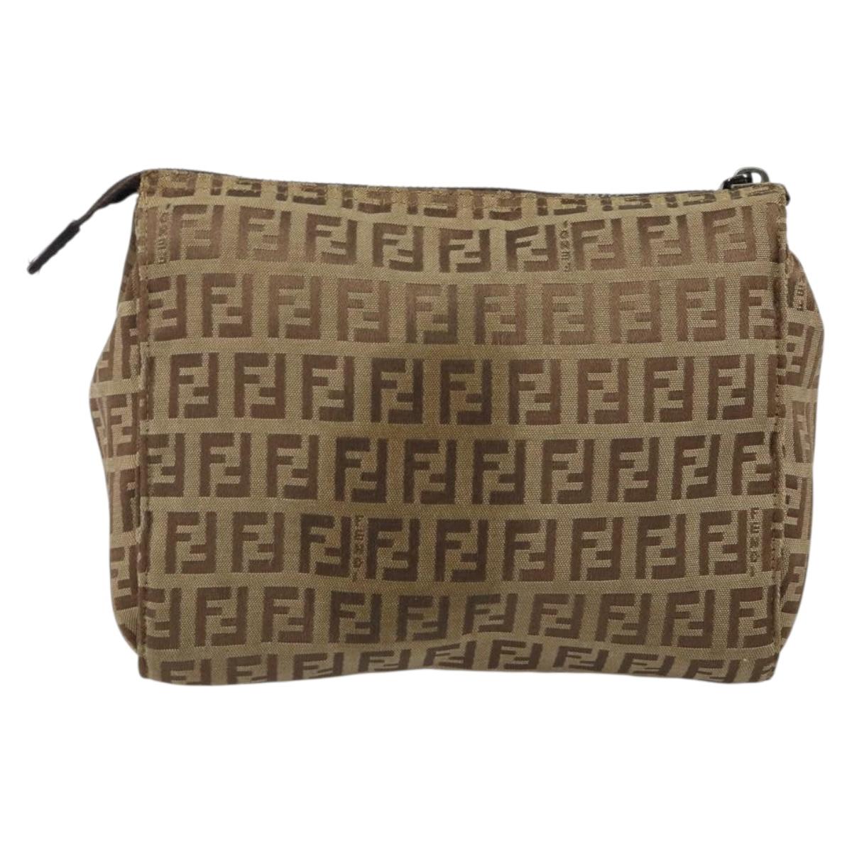 FENDI Zucchino Canvas Pouch Beige Silver Auth bs29698