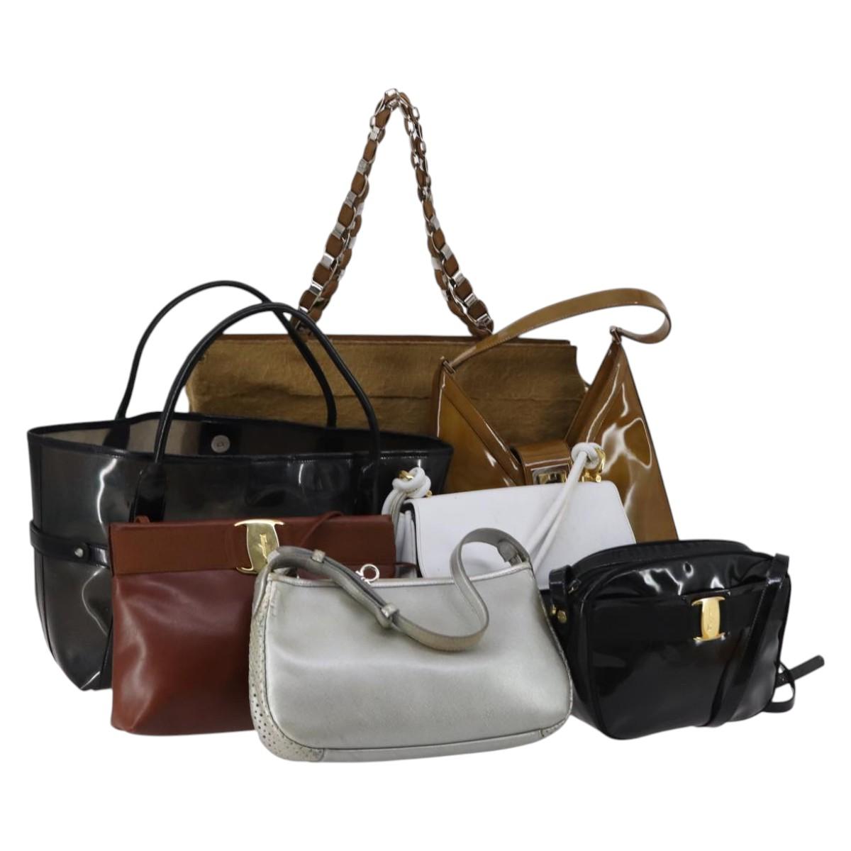 Salvatore Ferragamo Bag Enamel Canvas Leather 7Set Black Brown Auth bs29709