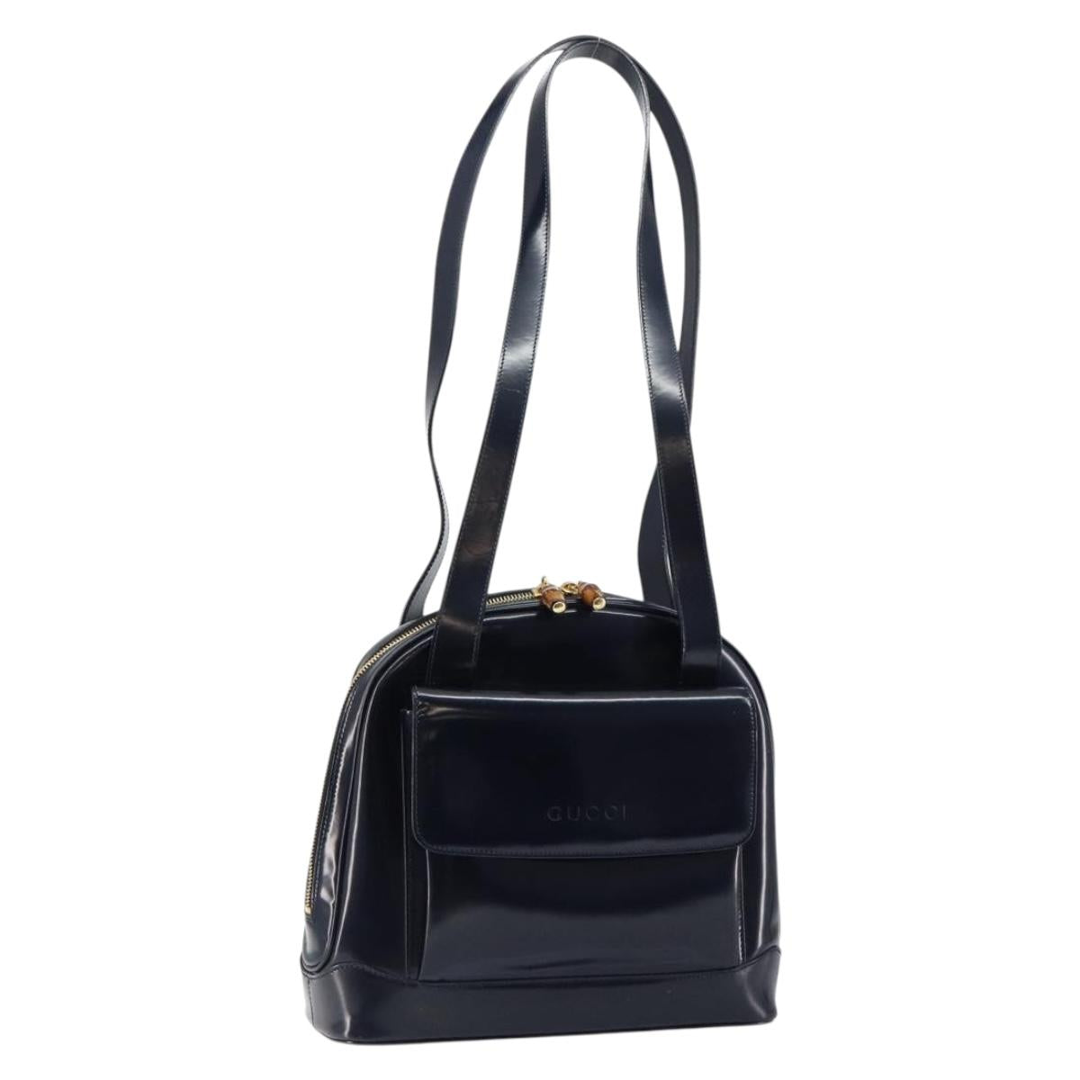GUCCI Bamboo Shoulder Bag Patent leather Navy Gold 001 2113 1650 Auth bs29711
