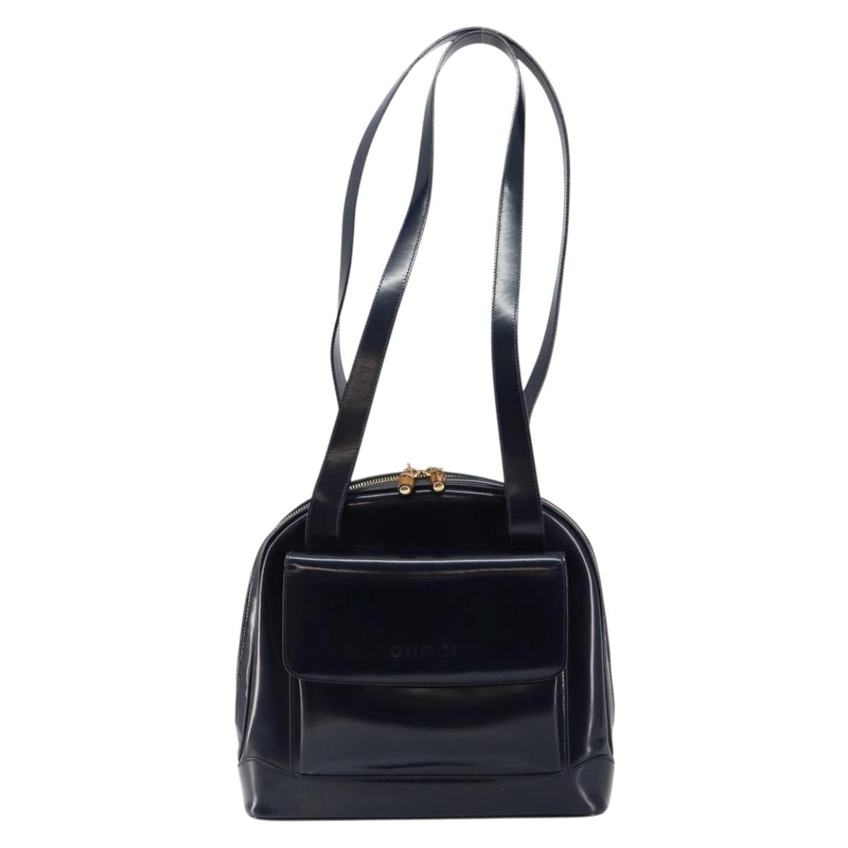 GUCCI Bamboo Shoulder Bag Patent leather Navy Gold 001 2113 1650 Auth bs29711