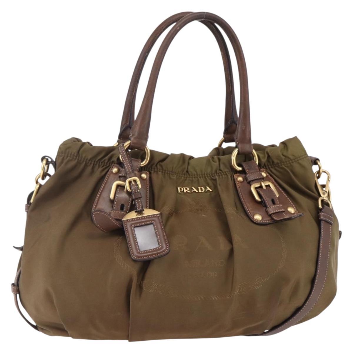 PRADA Tote Bag Nylon Leather 2way Brown Gold Auth bs29738
