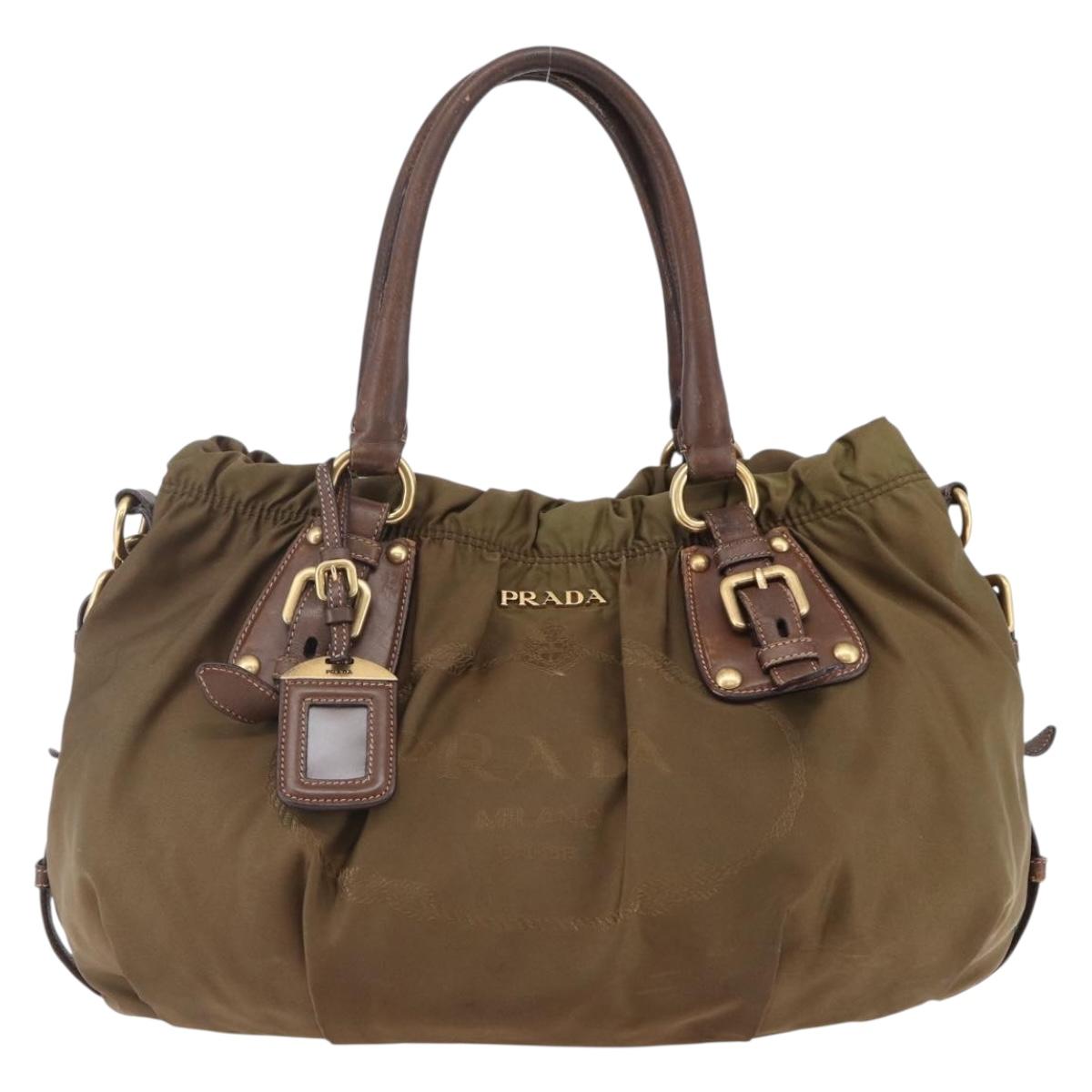 PRADA Tote Bag Nylon Leather 2way Brown Gold Auth bs29738