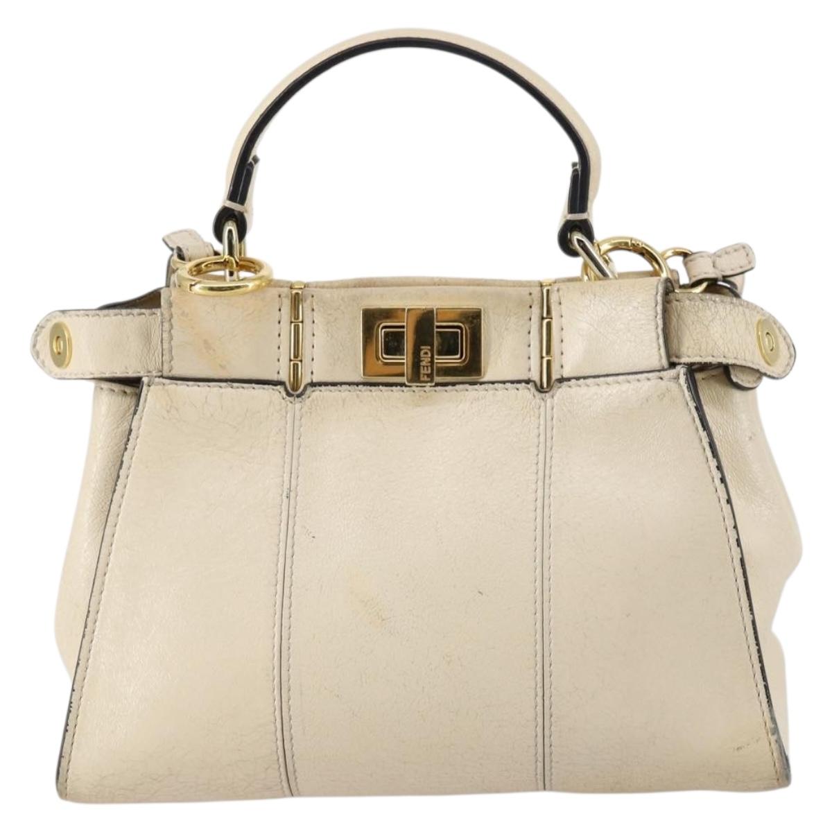 FENDI Mini Peek A Boo Hand Bag Leather 2way Ivory gold Auth bs29739