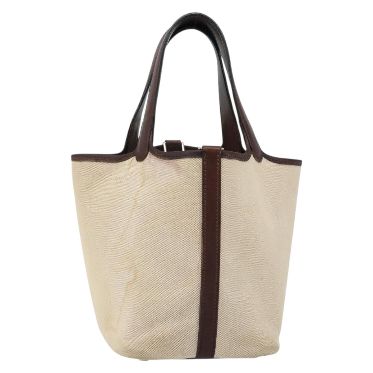 HERMES Toile H Picotin PM Bag Canvas Leather Beige Brown Silver Auth bs29741