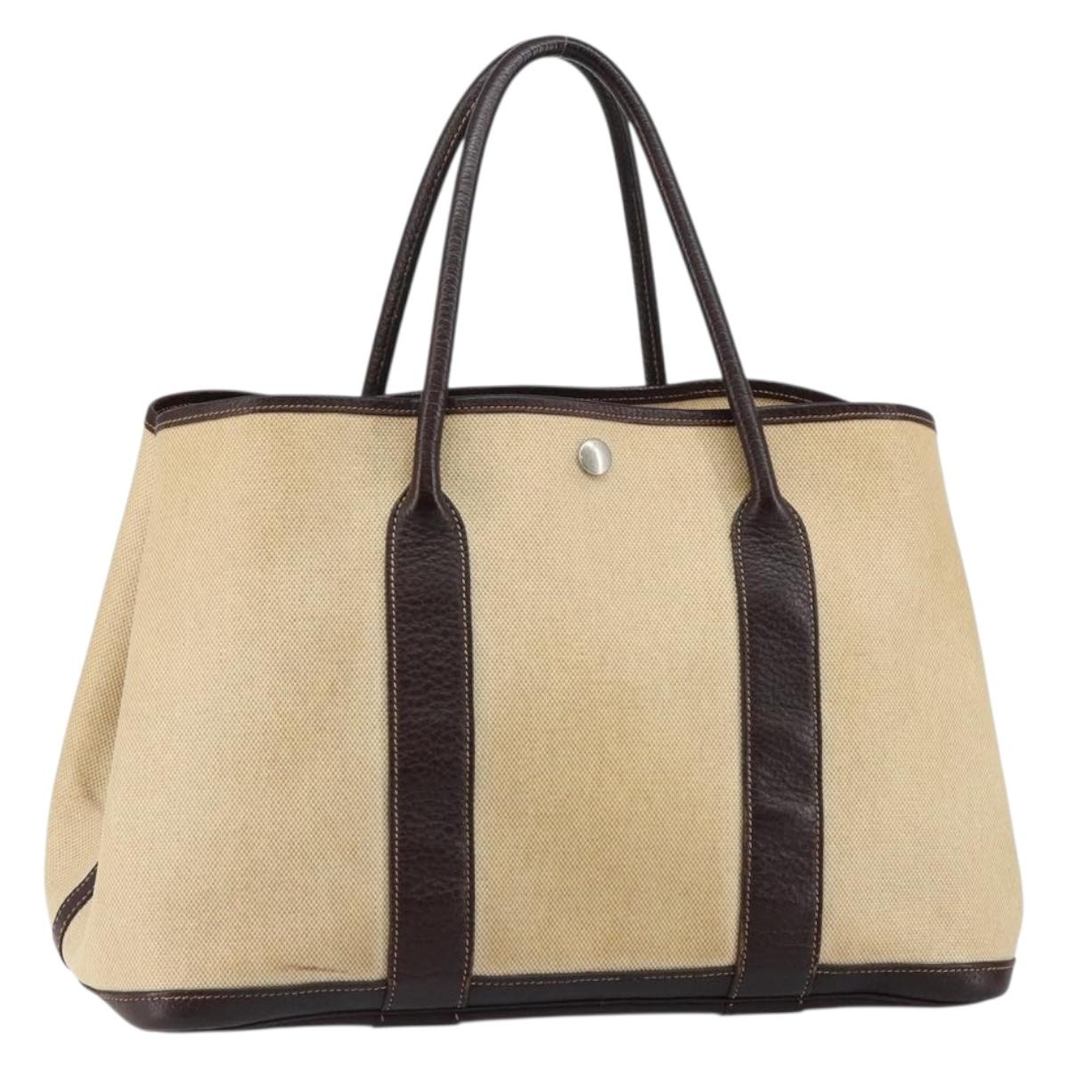 HERMES Garden Party MM Tote Bag Coated Canvas Beige Silver Auth bs29742