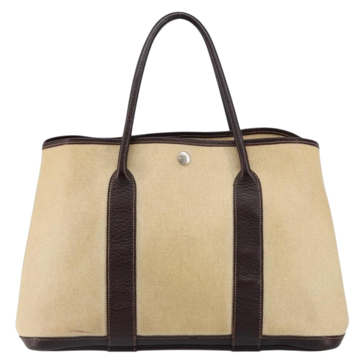 HERMES Garden Party MM Tote Bag Coated Canvas Beige Silver Auth bs29742