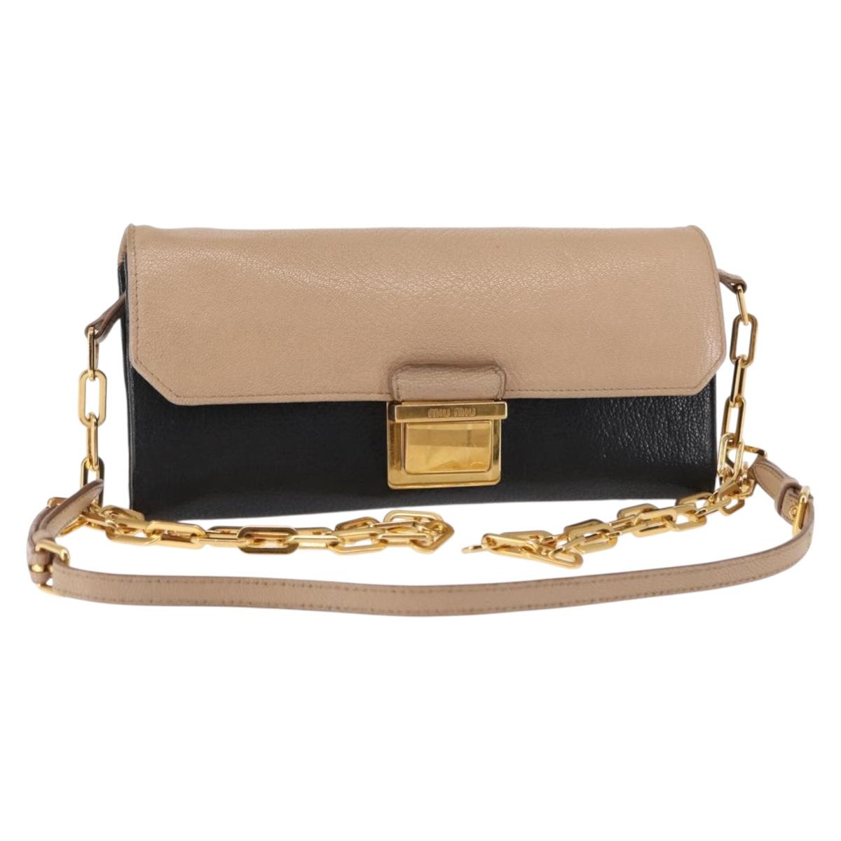 Miu Miu Chain Wallet Leather Beige Black gold Auth bs29776