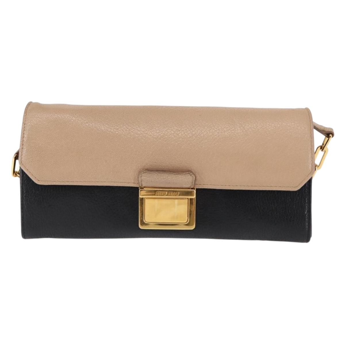 Miu Miu Chain Wallet Leather Beige Black gold Auth bs29776