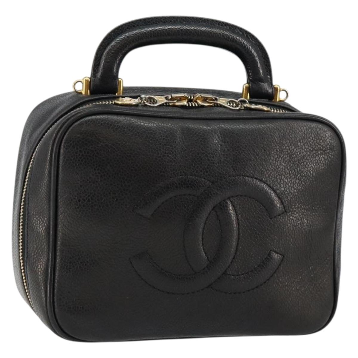 CHANEL COCO Mark Vanity Pouch Caviar Skin Black Gold CC Auth bs29781