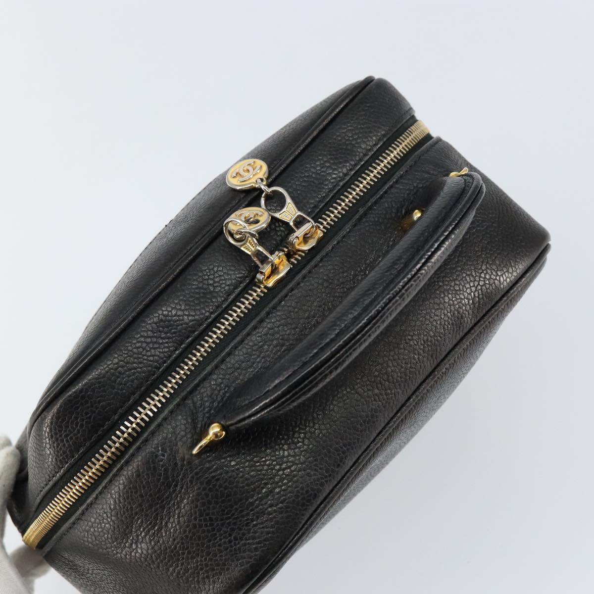 CHANEL COCO Mark Vanity Pouch Caviar Skin Black Gold CC Auth bs29781