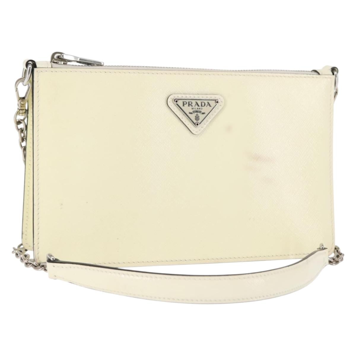 PRADA Chain Shoulder Bag Safiano leather White Silver Auth bs29803