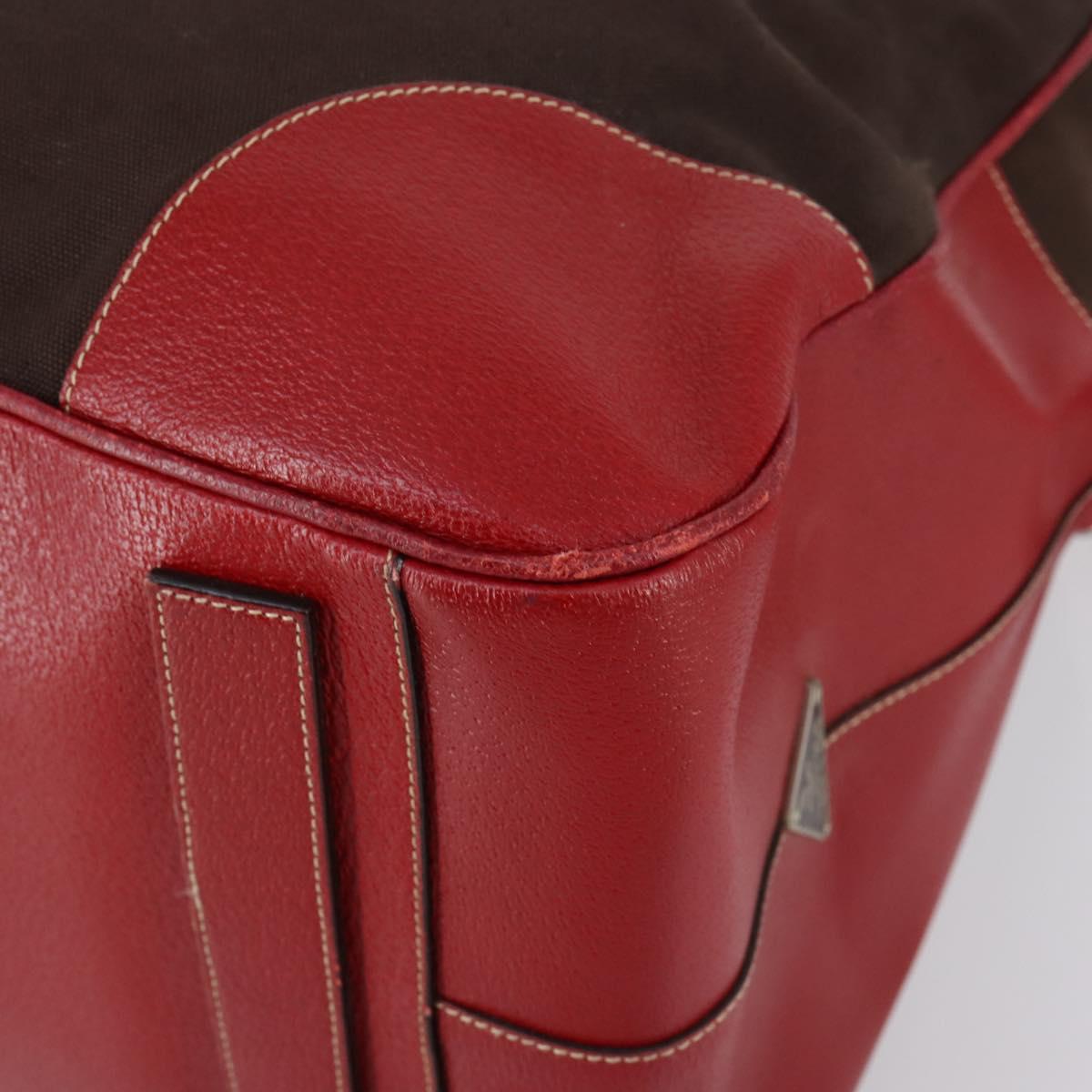 PRADA Boston Bag Canvas Leather Brown Red Silver Auth bs29804