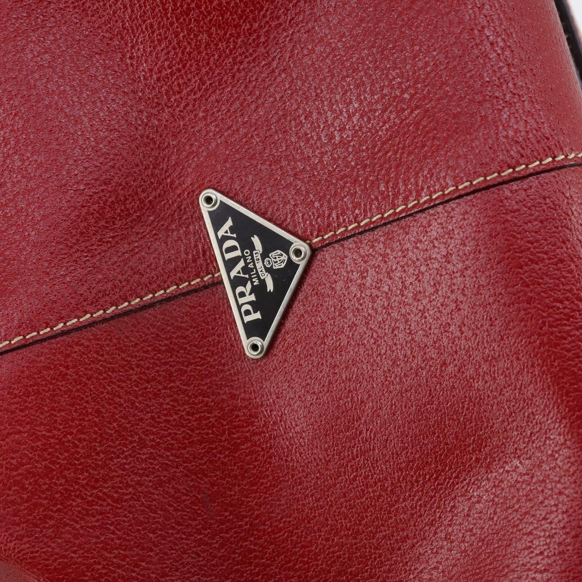 PRADA Boston Bag Canvas Leather Brown Red Silver Auth bs29804