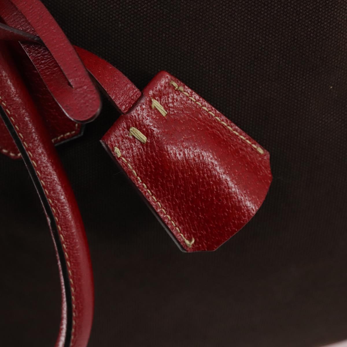 PRADA Boston Bag Canvas Leather Brown Red Silver Auth bs29804