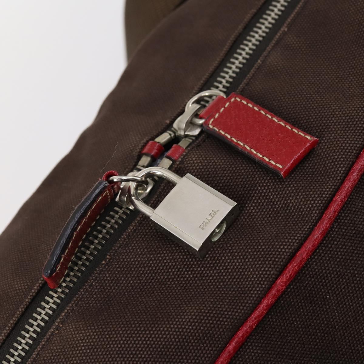PRADA Boston Bag Canvas Leather Brown Red Silver Auth bs29804