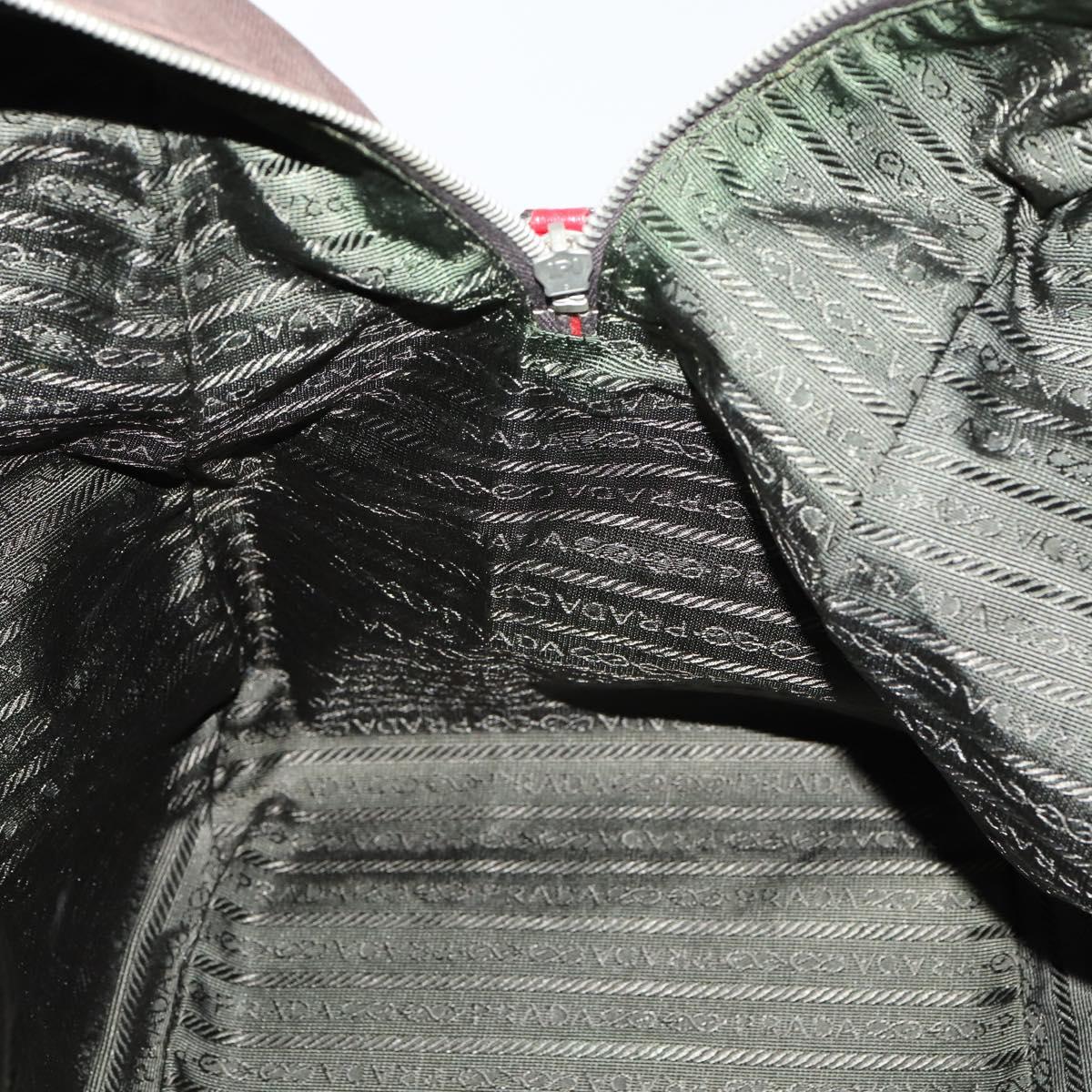 PRADA Boston Bag Canvas Leather Brown Red Silver Auth bs29804