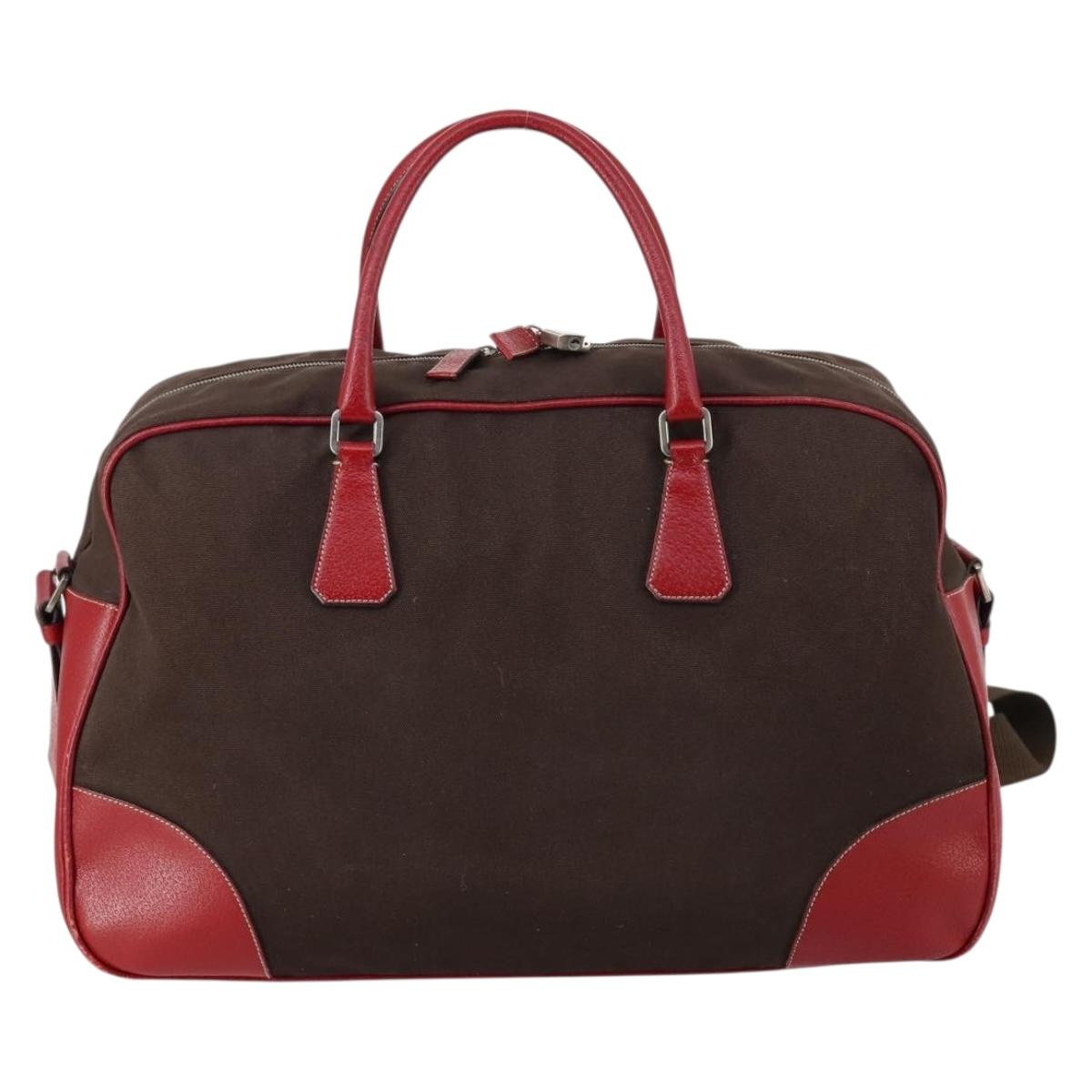 PRADA Boston Bag Canvas Leather Brown Red Silver Auth bs29804
