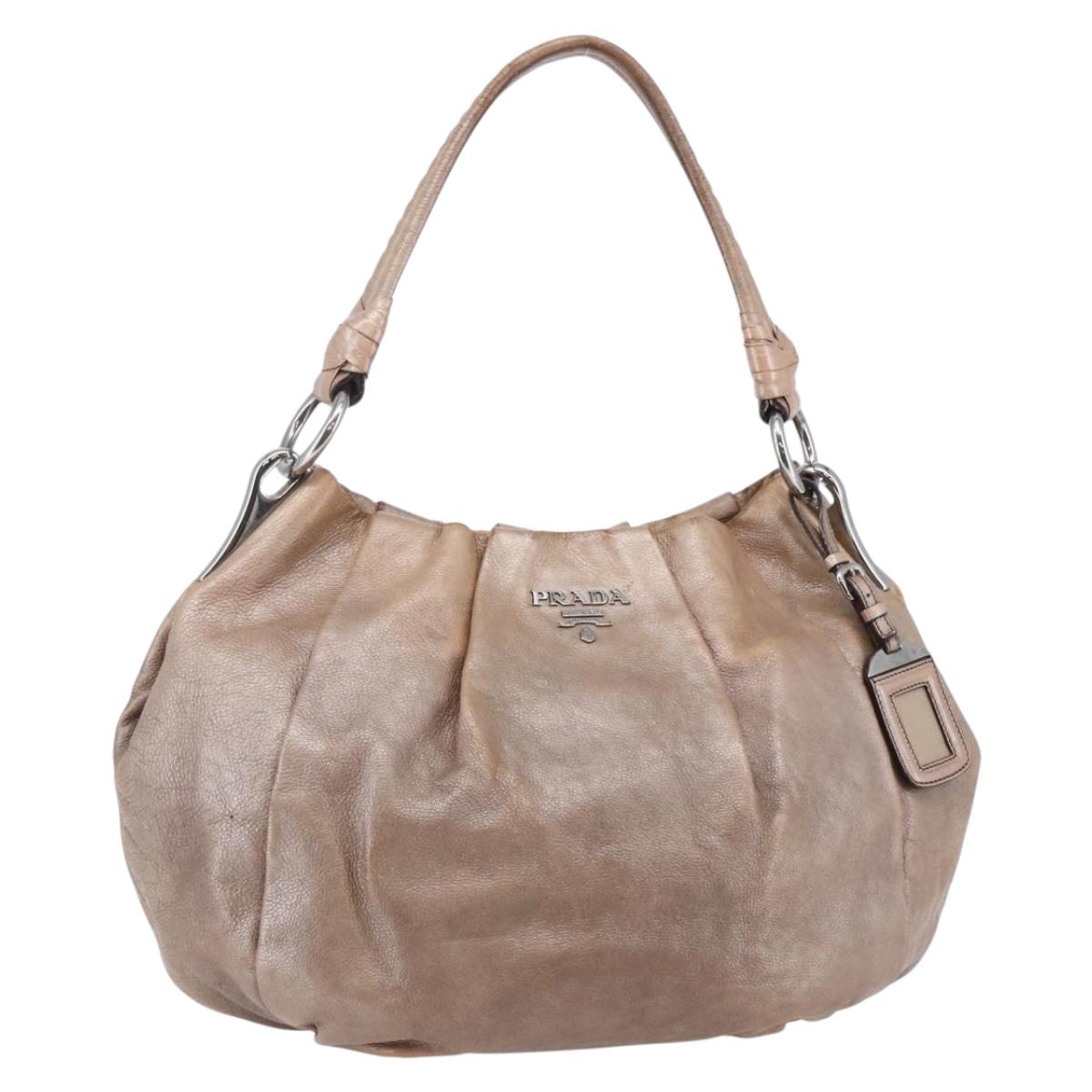 PRADA Shoulder Bag Leather Beige Silver Auth bs29809