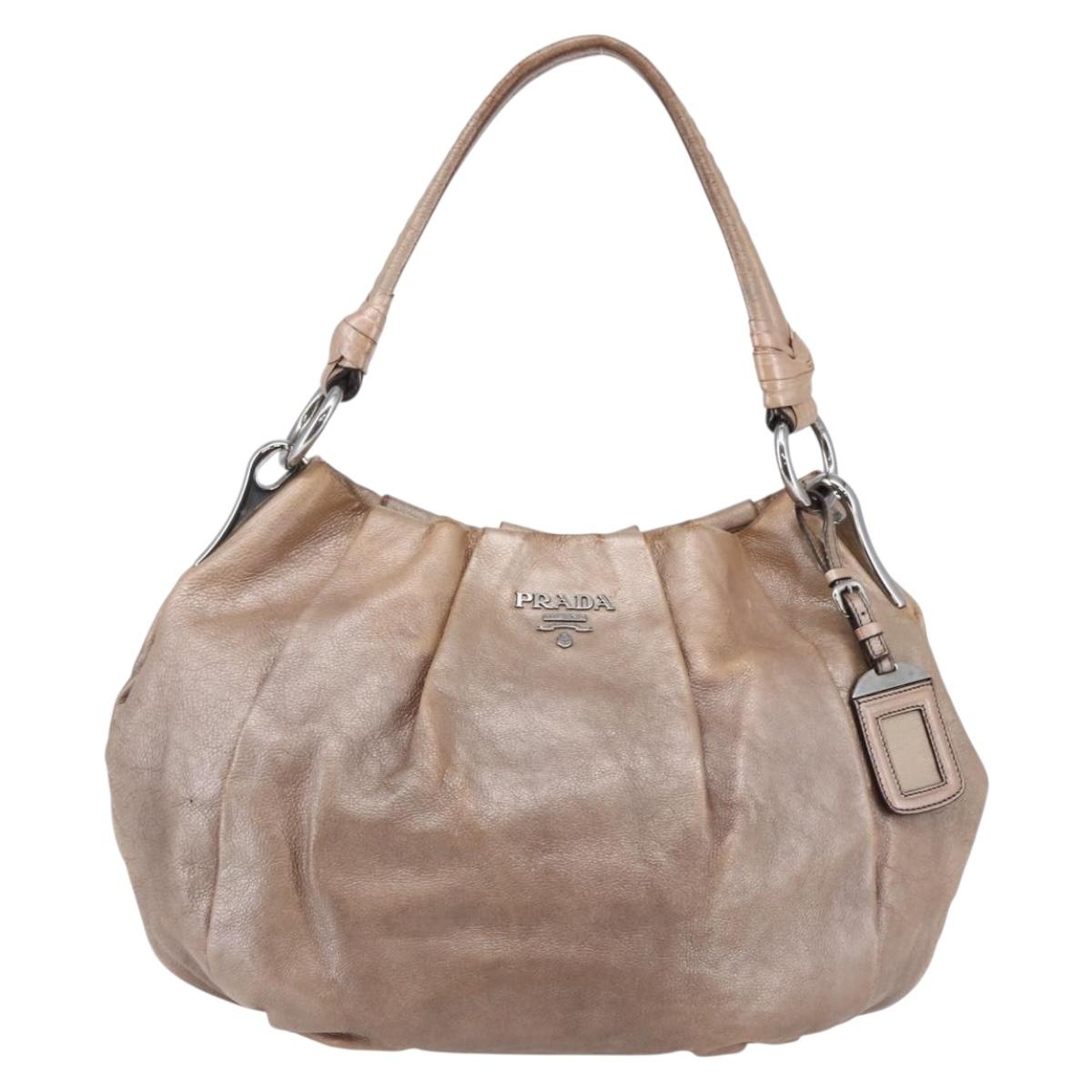 PRADA Shoulder Bag Leather Beige Silver Auth bs29809