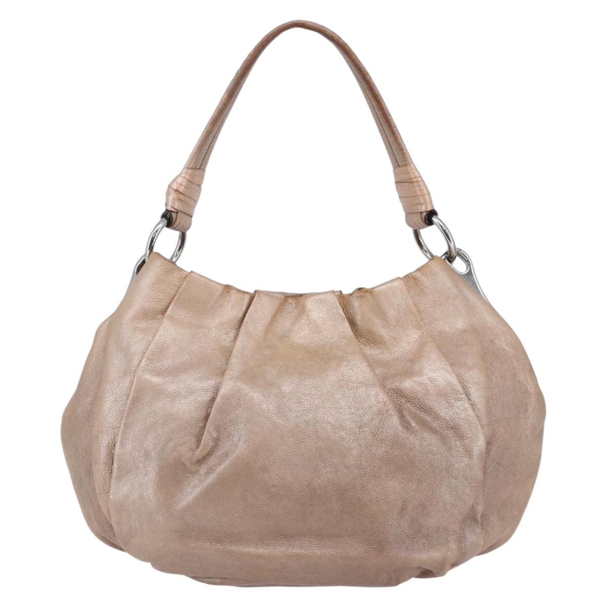 PRADA Shoulder Bag Leather Beige Silver Auth bs29809