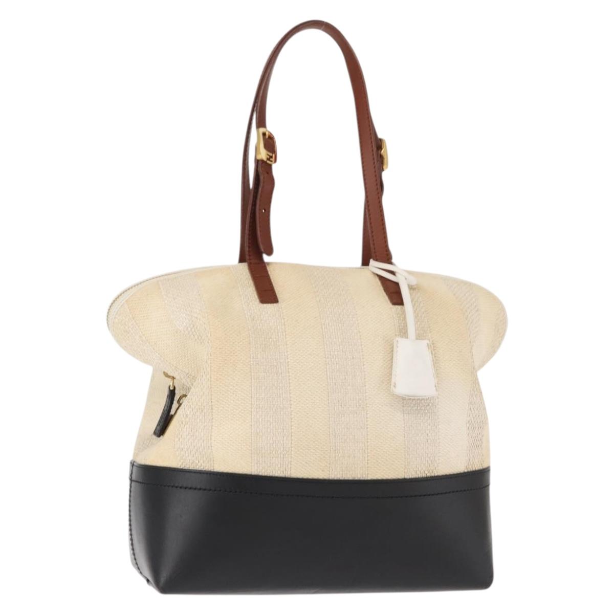 FENDI Pecan Canvas Tote Bag Canvas Leather Beige Black gold Auth bs29810
