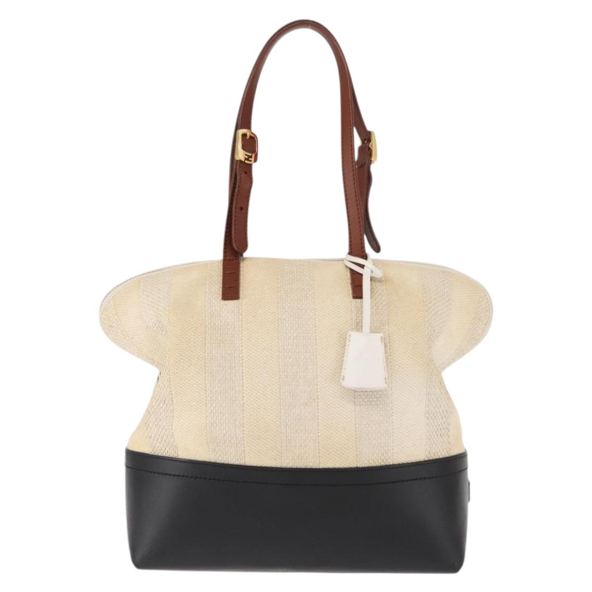 FENDI Pecan Canvas Tote Bag Canvas Leather Beige Black gold Auth bs29810