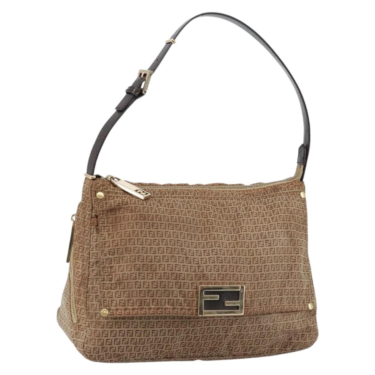 FENDI Zucchino Canvas Mamma Baguette Shoulder Bag Nylon Beige Gold Auth bs29812