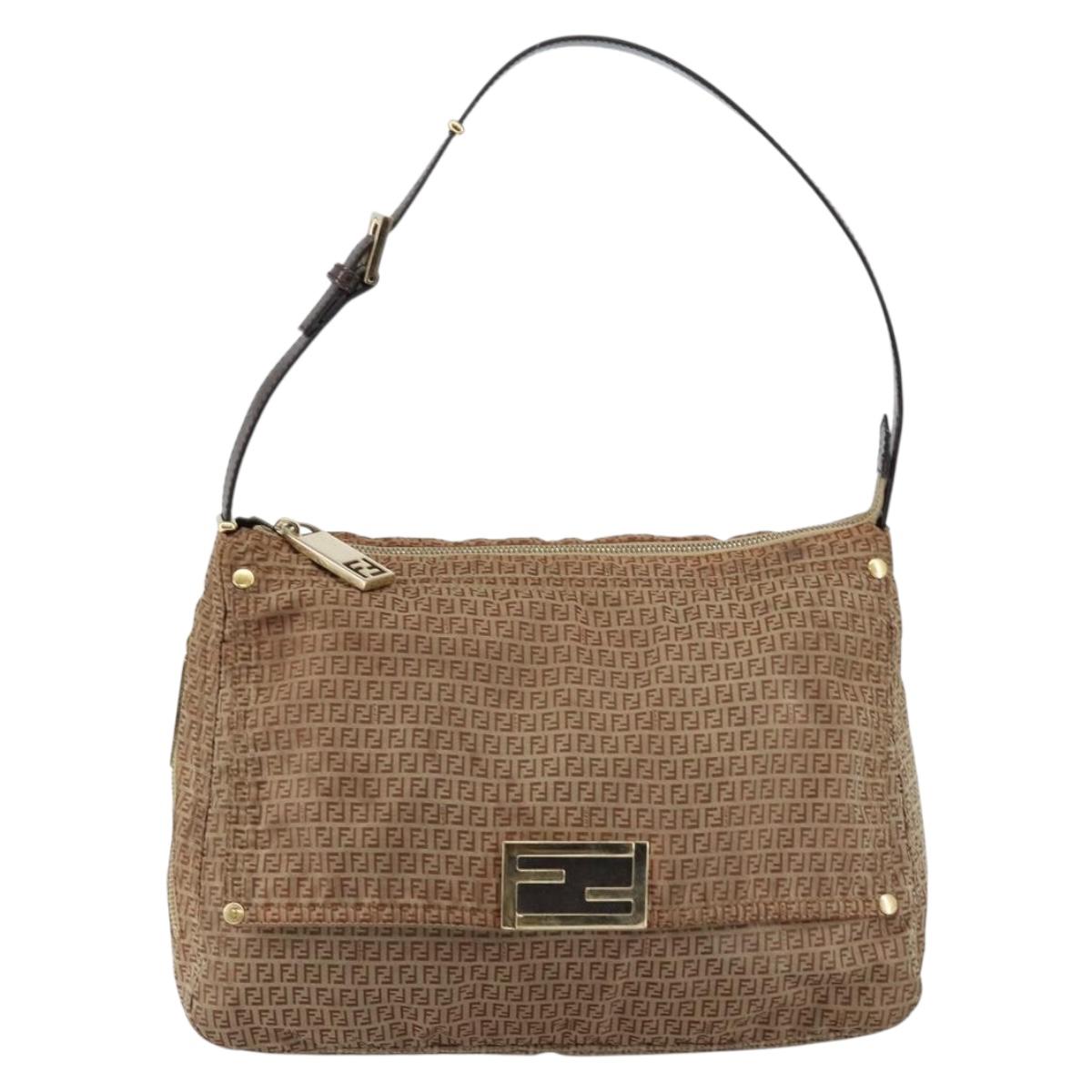FENDI Zucchino Canvas Mamma Baguette Shoulder Bag Nylon Beige Gold Auth bs29812