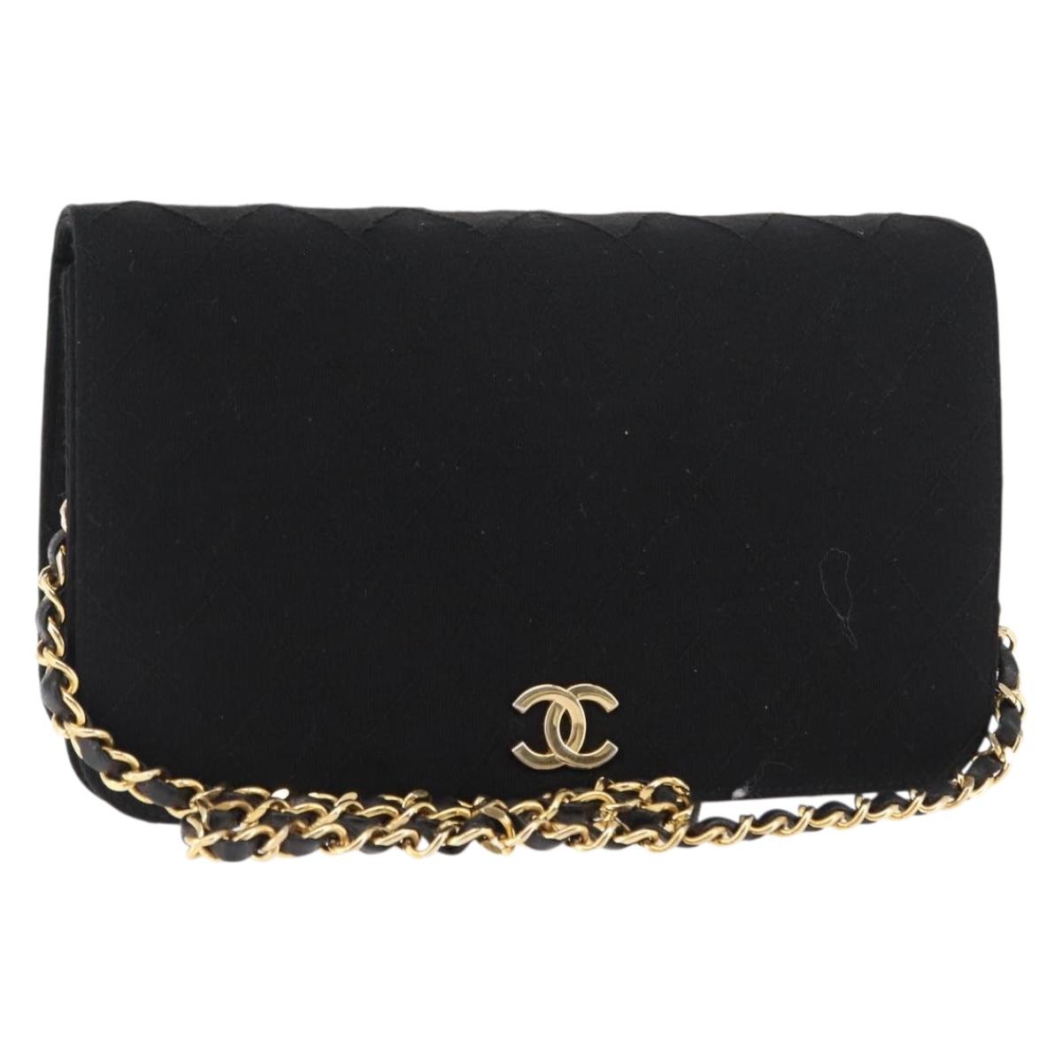 CHANEL Matelasse Chain Shoulder Bag cotton Black Gold CC Auth bs29814