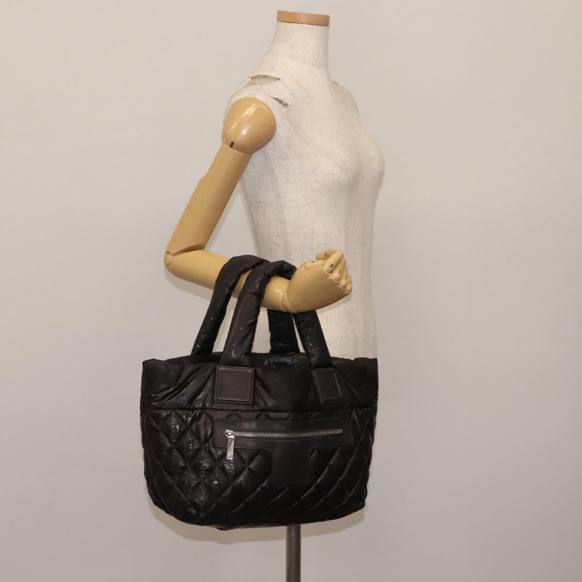 CHANEL Coco Cocoon Hand Bag Nylon Black Silver CC Auth bs29815