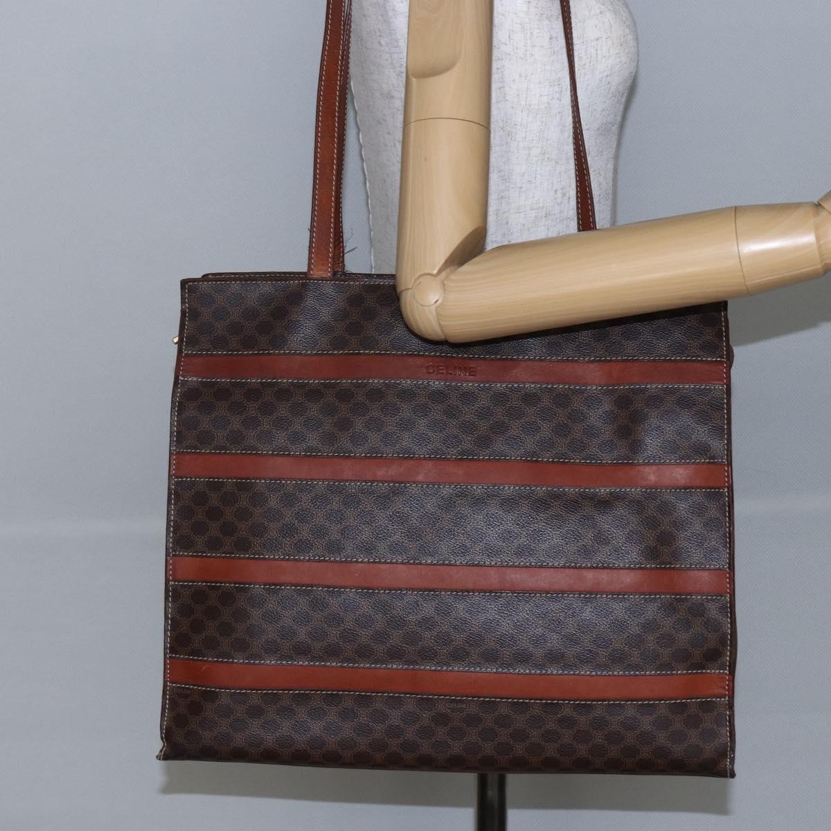 CELINE Macadam Canvas Tote Bag PVC Leather Brown Gold Auth bs29818