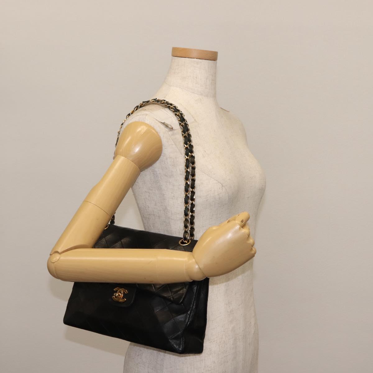 CHANEL Matelasse Chain Shoulder Bag Lamb Skin Black Gold CC Auth bs29828