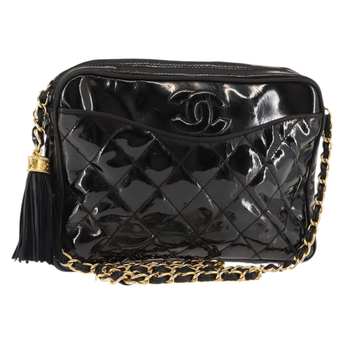 CHANEL Chain Matelasse Shoulder Bag Patent leather Black Gold CC Auth bs29829
