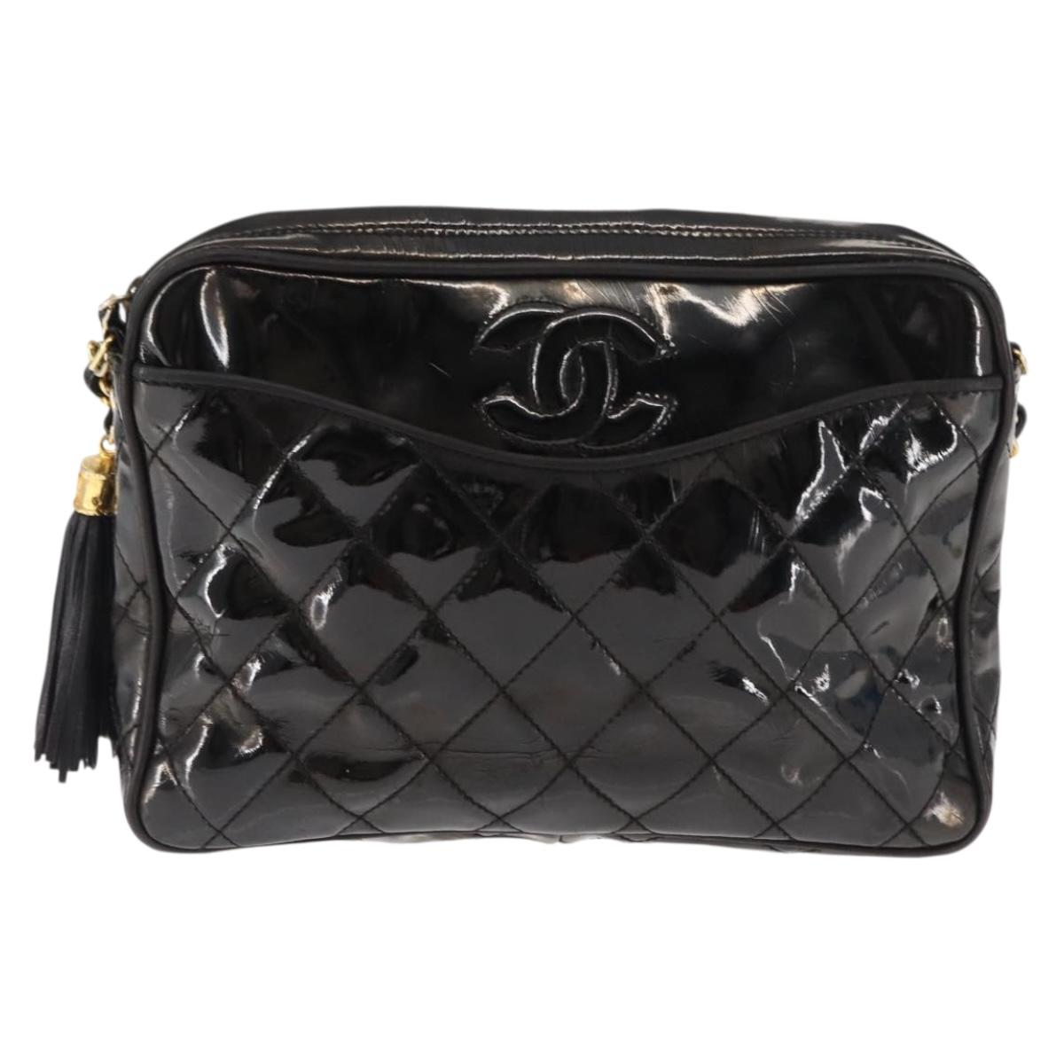 CHANEL Chain Matelasse Shoulder Bag Patent leather Black Gold CC Auth bs29829