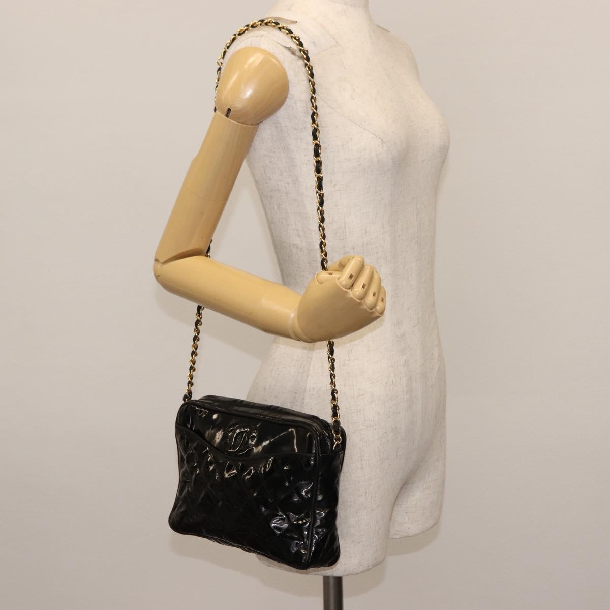 CHANEL Chain Matelasse Shoulder Bag Patent leather Black Gold CC Auth bs29829