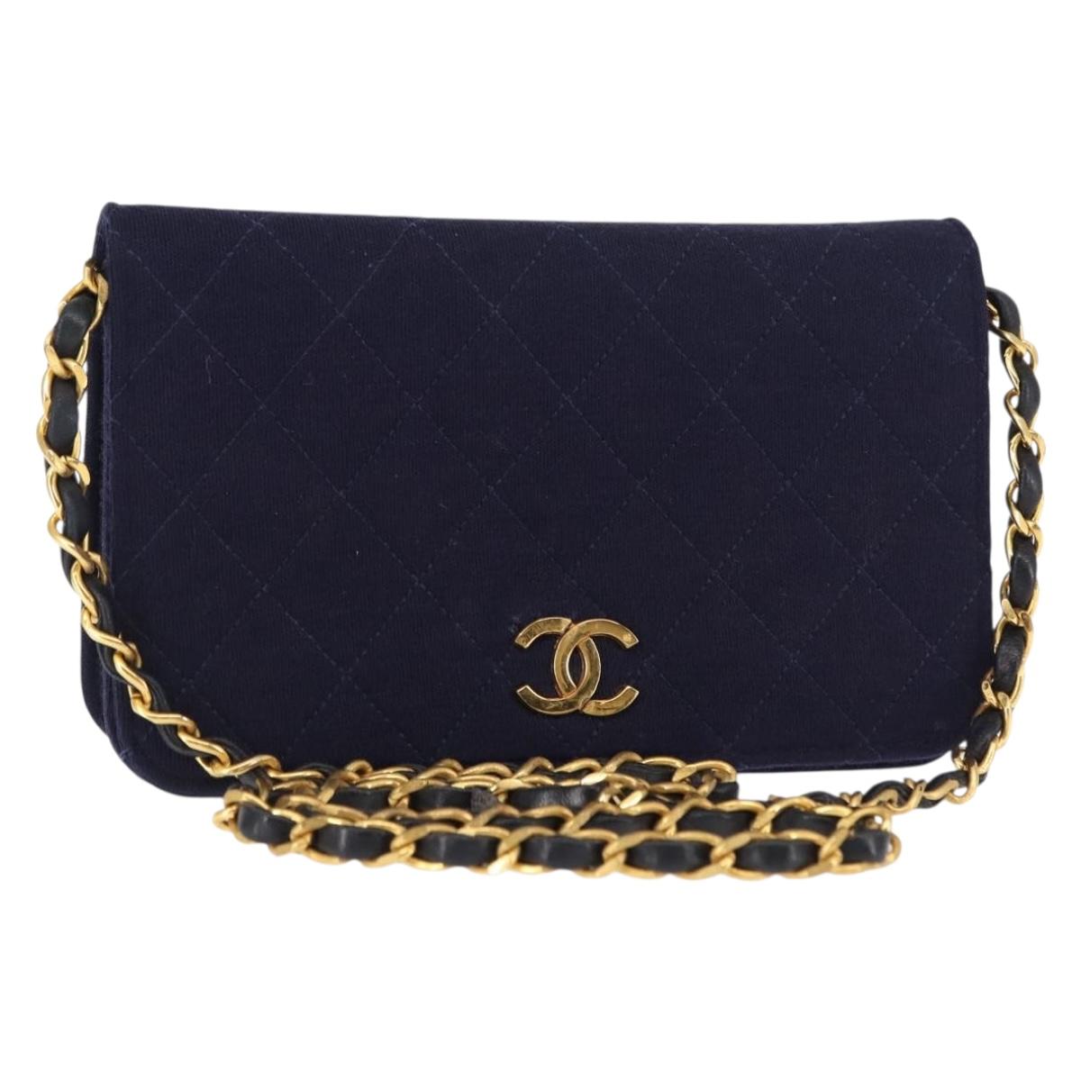 CHANEL Matelasse Chain Shoulder Bag cotton Navy Gold CC Auth bs29831