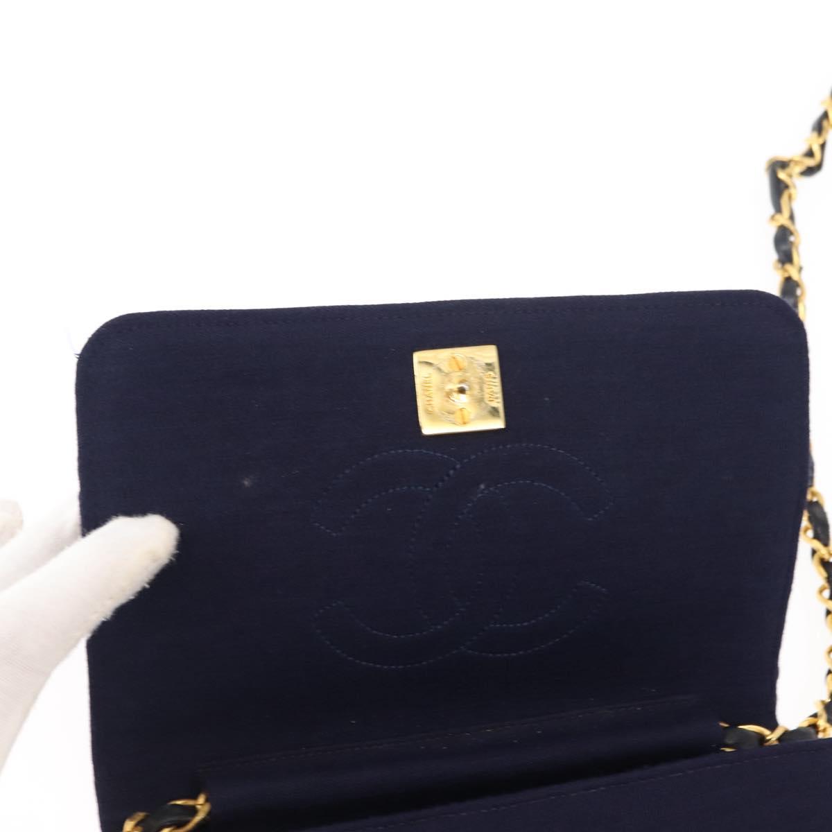 CHANEL Matelasse Chain Shoulder Bag cotton Navy Gold CC Auth bs29831