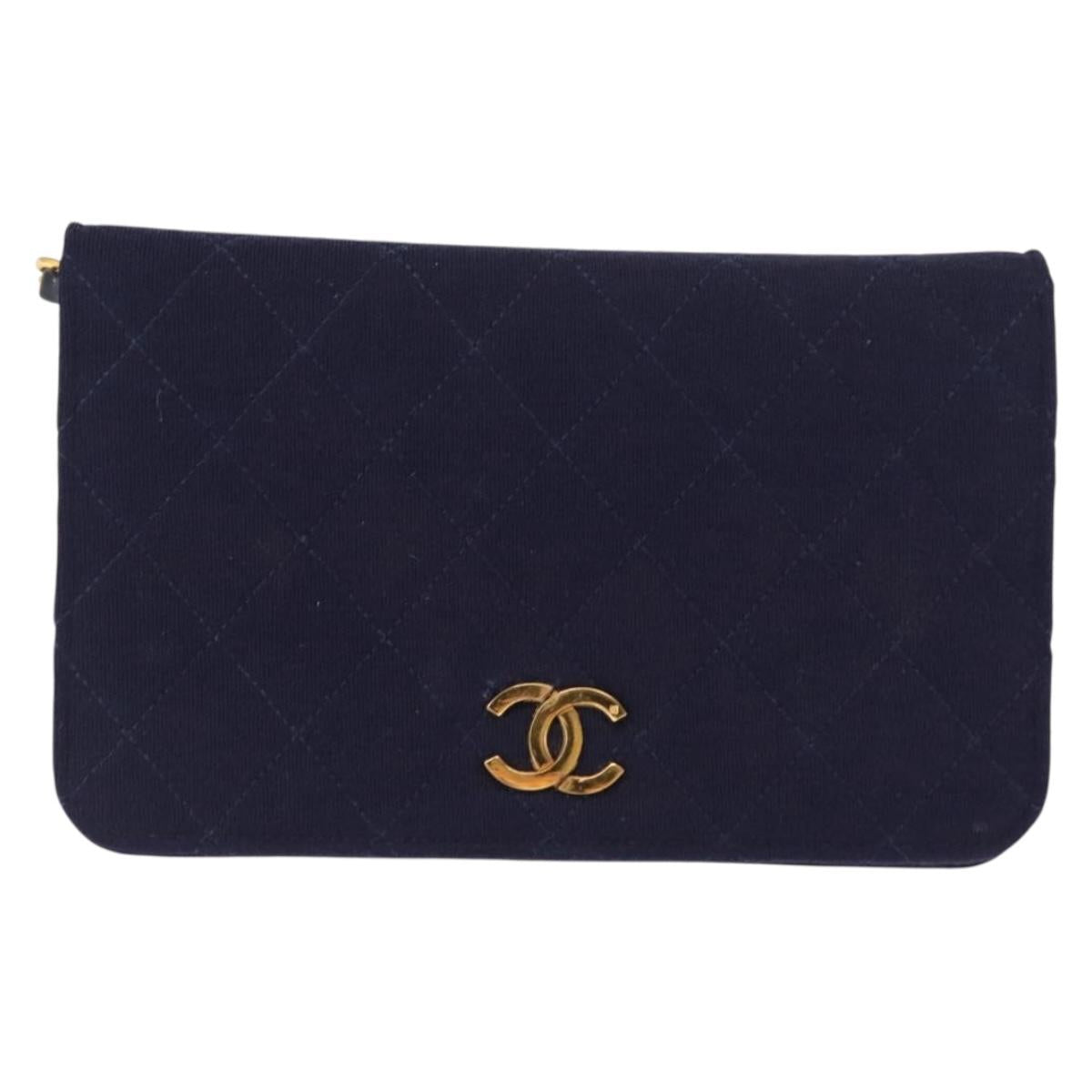 CHANEL Matelasse Chain Shoulder Bag cotton Navy Gold CC Auth bs29831