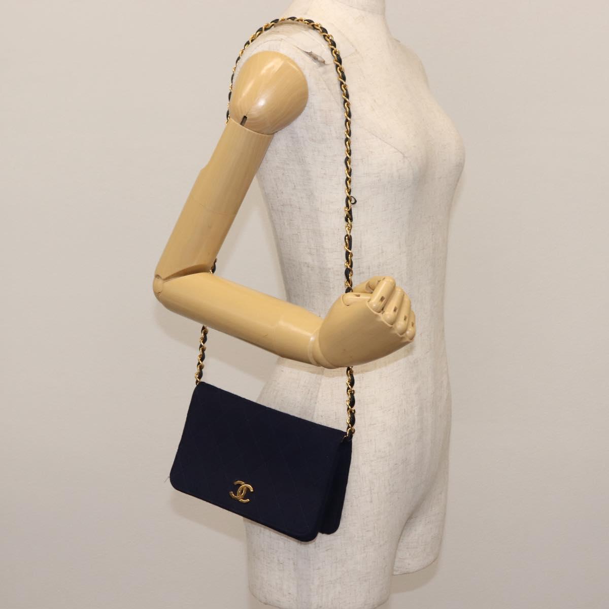 CHANEL Matelasse Chain Shoulder Bag cotton Navy Gold CC Auth bs29831